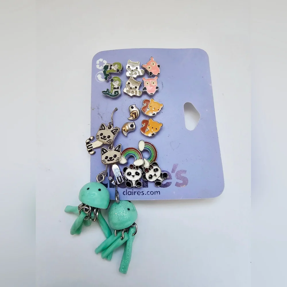 Claire's Cute Animal Octopus, Owl, Fox, Bird Earrings Set - Teal and Multicolor